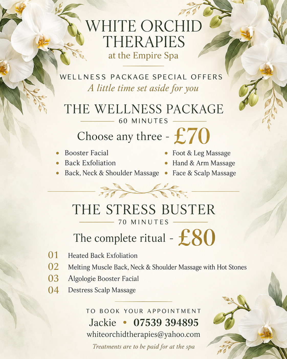 White Orchid Therapies wellness package special offers at the Empire Spa